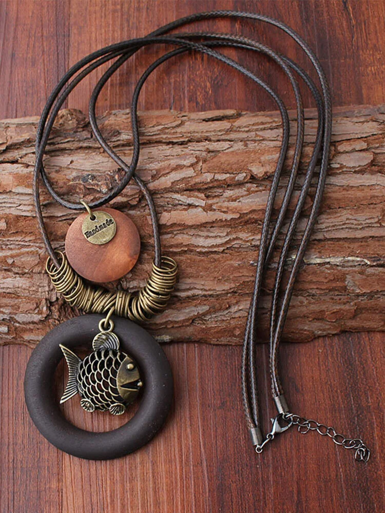 Ethnic Geometric Wood Pendant Necklaces Vintage Fish Two Layers Wax Rope Necklaces for Women