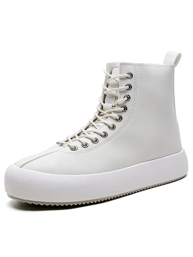 Men Pure Color High Top Chunky Sneakers Lace UP Mid Calf Casual Boots