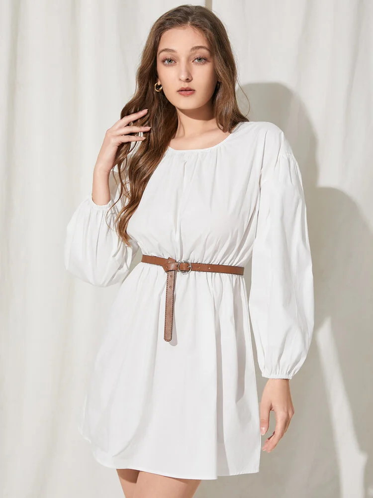 Solid Drawstring Waist Puff Sleeve Round Neck Casual Dress