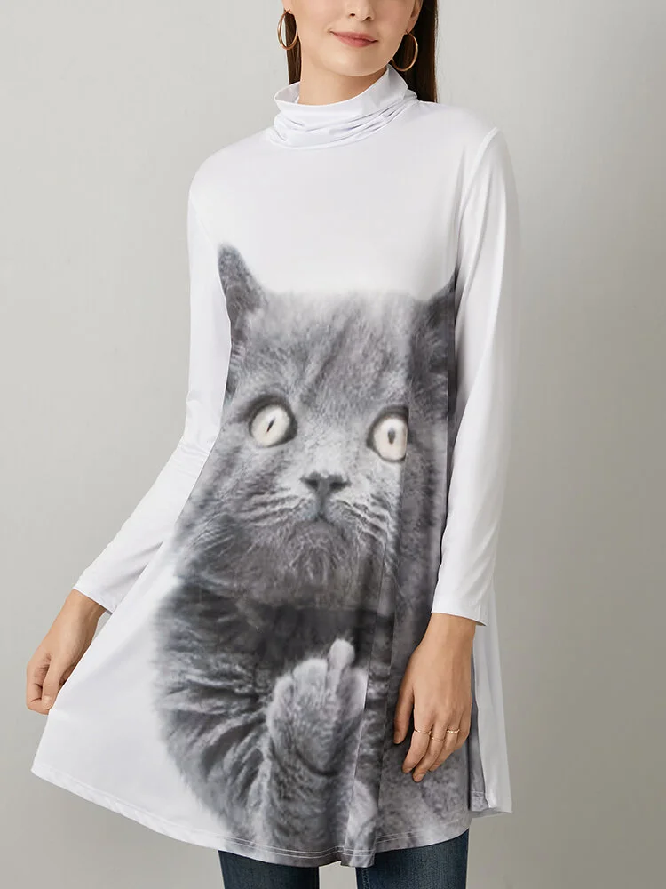 Cartoon Cat Print Long Sleeve Turtleneck Casual Women Dress