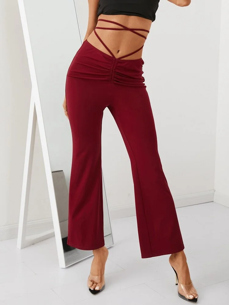 Solid Color Drawstring Knotted Casual Flared Pants For Women