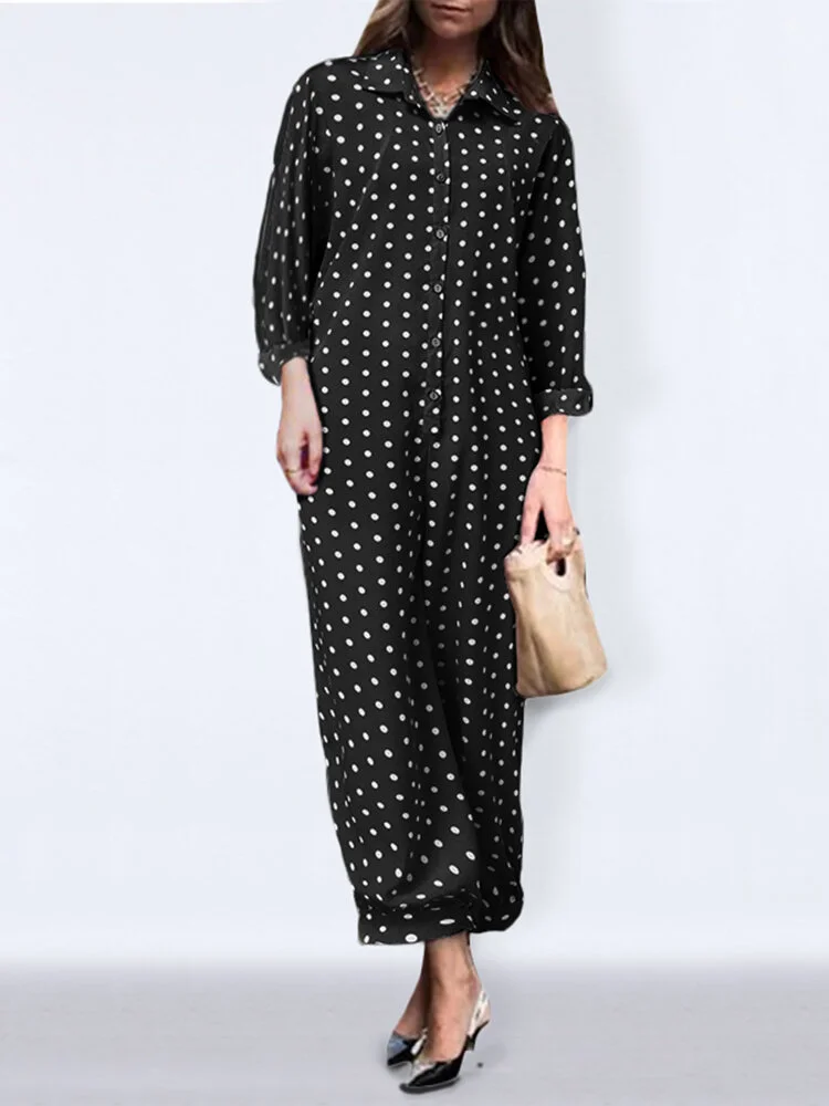 Women Polka Dot Print Button Long Sleeve Casual Jumpsuit