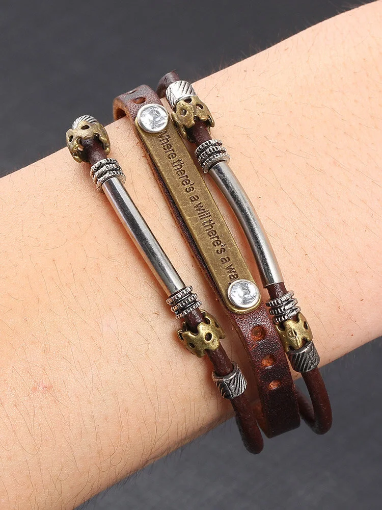 Vintage Leather Metal Pendant Multilayer Bracelets Punk Casual Accessories Gift for Men