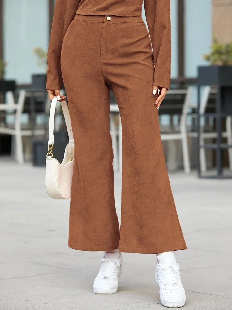 Solid Color Button Vintage Bell Bottom Casual Pants For Women