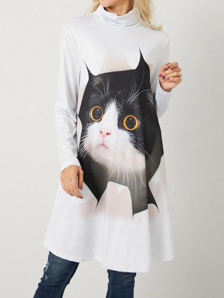 Cat Cartoon Print Turtleneck Long Sleeve Women Casual Dress