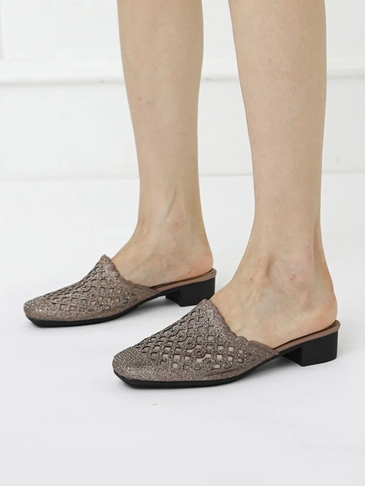 Women Casual Closed Toe Hollow Rhinestone Mules Heel Slippers