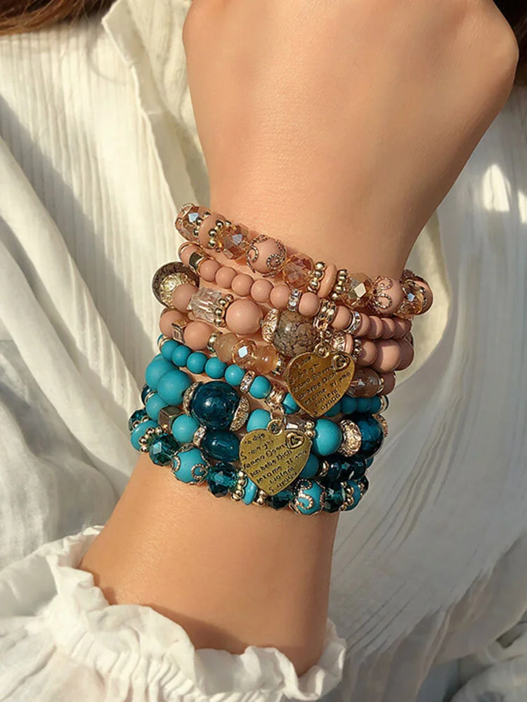 Bohemian Crystal Beaded Multi-layer Bracelet Metal Peach Heart Pendant Adjustable Bracelet