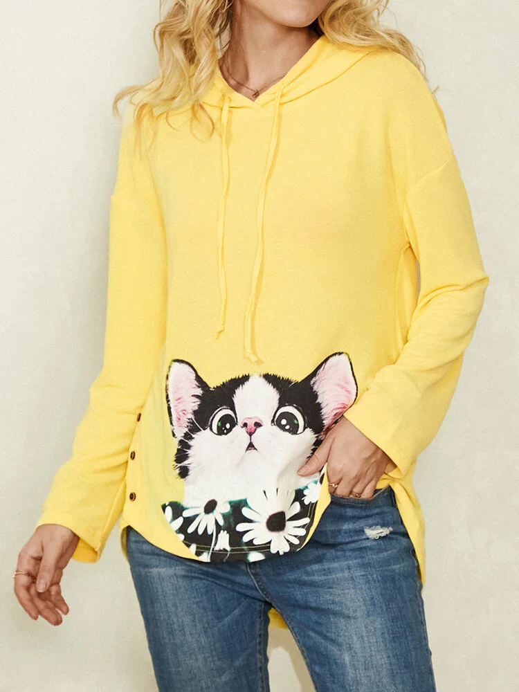 Cartoon Cat Flower Print Side Button Hoodie For Women