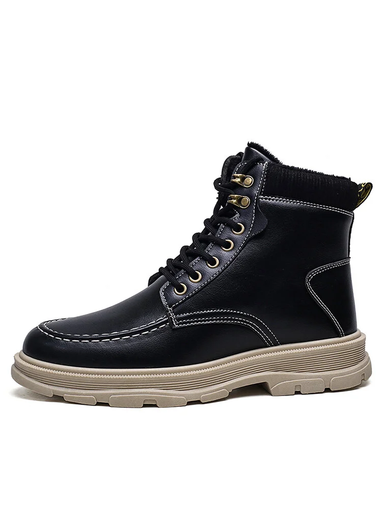 Men PU Non Slip Warm Lined Lace Up Outdoor Casual Boots