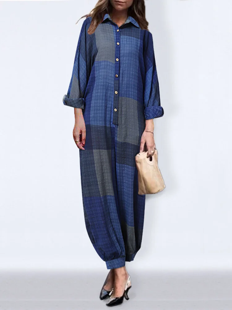 Contrast Color Plaid Print Long Sleeve Casual Jumpsuit For Women