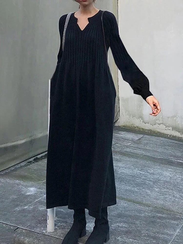 Solid Lantern Long Sleeve V-neck Pocket Knit Sweater Dress