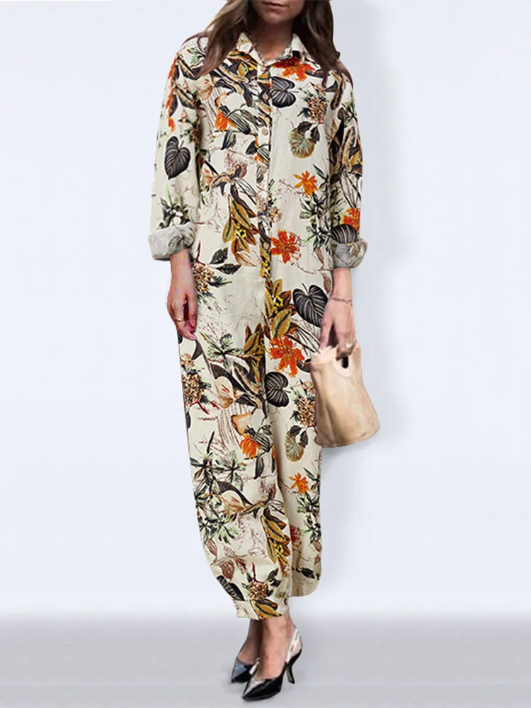 Leaves Floral Print Long Sleeve Vintage Jumpsuit For Women