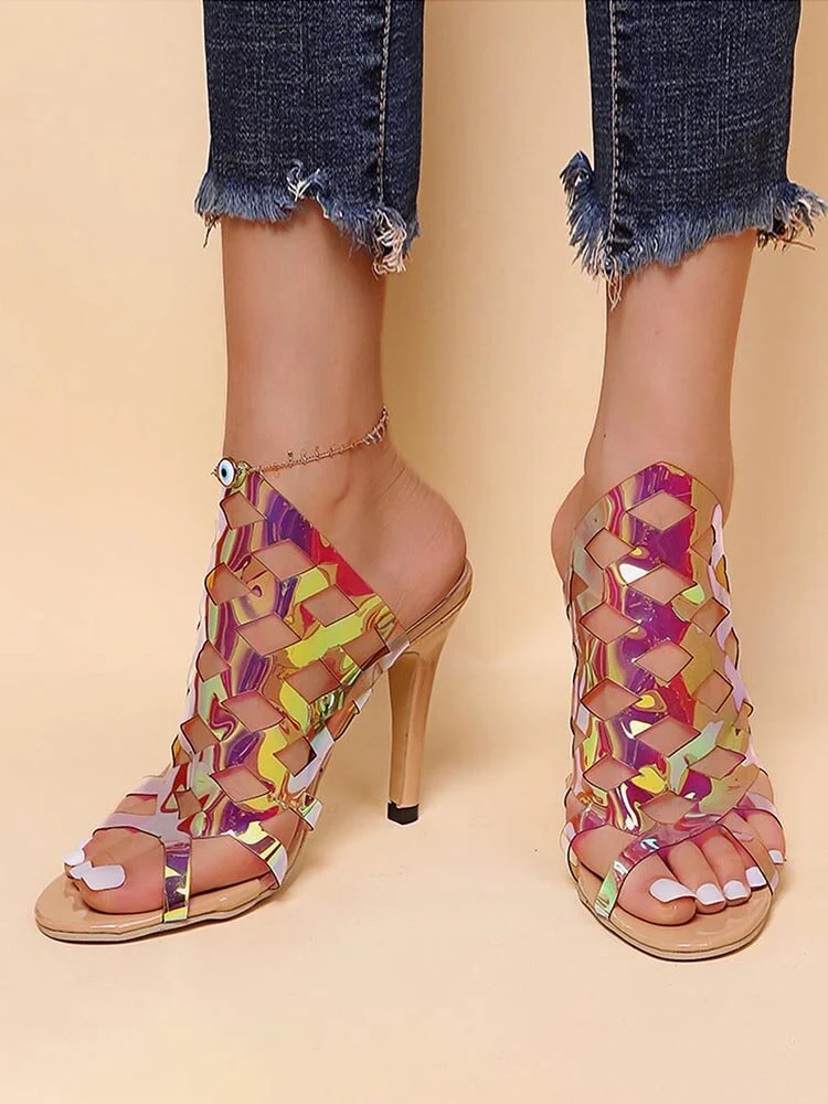 Large Size Women Fashion Casual Colorful Sequined Hollow Sandals Antiskid Soft Comfy High Heels