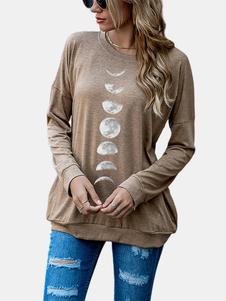 Moon Printed Long Sleeve O-neck Sweatshirt For Women