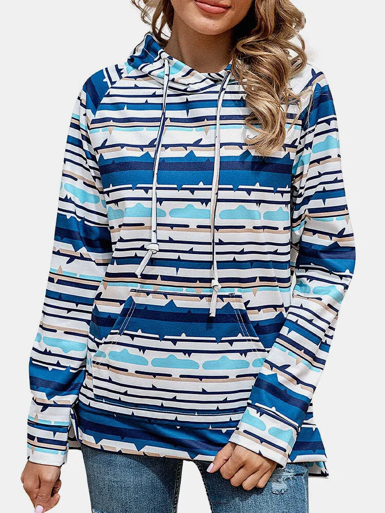 Colorful Striepd Print Long Sleeves Casual Hoodies For Women