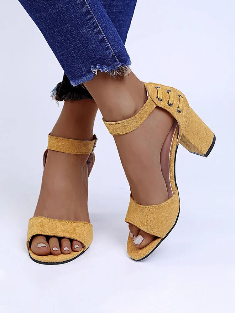 Large Size Women Suede Peep Toe Solid Color Buckle Strap Heels Sandals