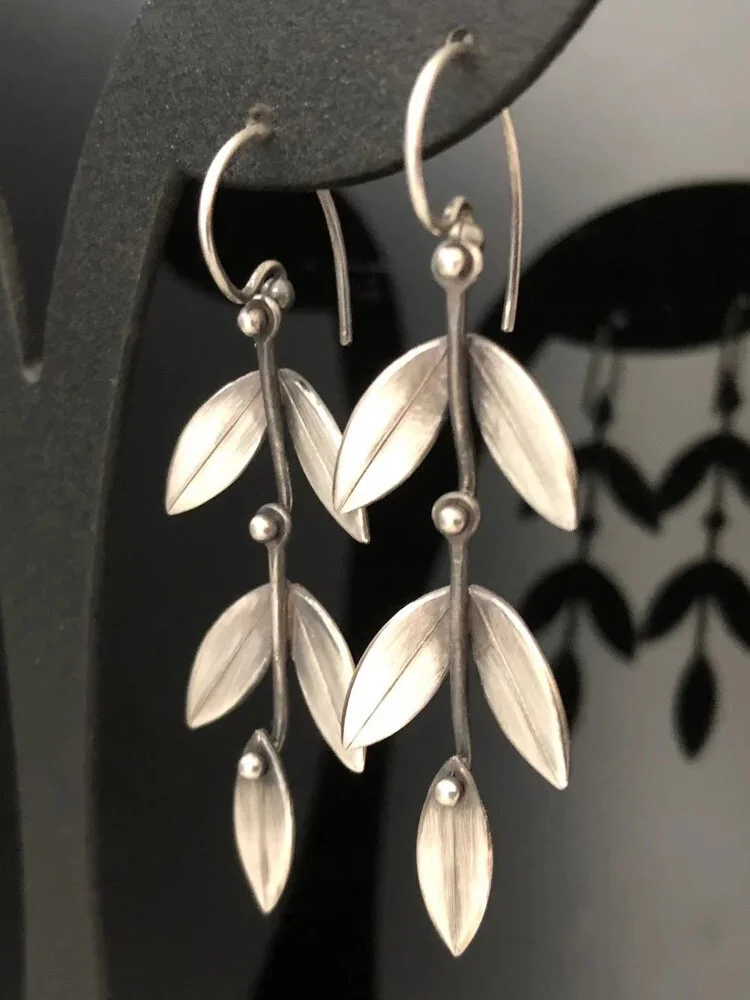 Vintage 925 Silver Plated Earrings Simple Tree Leaf Pendant Earrings