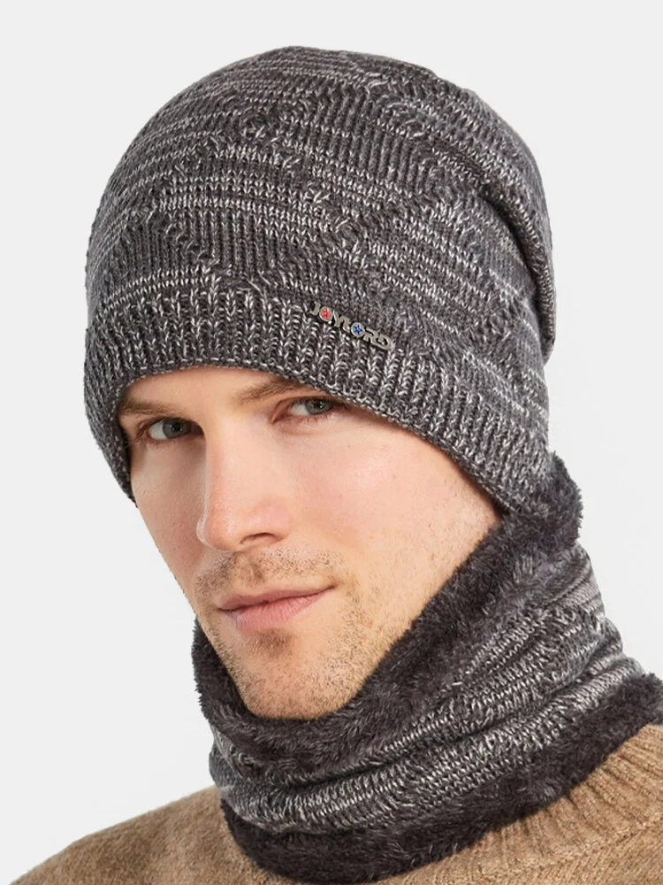 Men 2PCS Plus Velvet Thick Winter Outdoor Neck Protection Headgear Scarf Knitted Hat Beanie