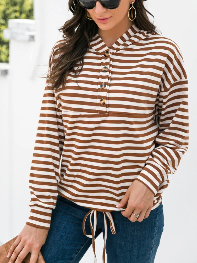 Striped Print Button Hooded Casual Hoodies for Women