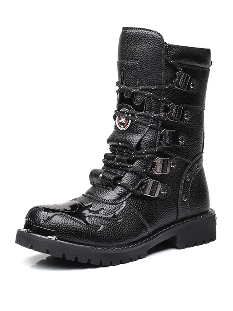 Men Classic Black Biker Boots Metal Buckle Lace Up Motorcycle Boots