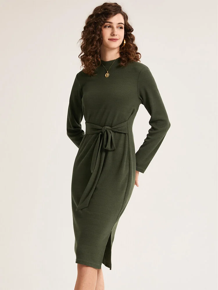 Solid Tie Split Mock Neck Long Sleeve Bodycon Casual Dress