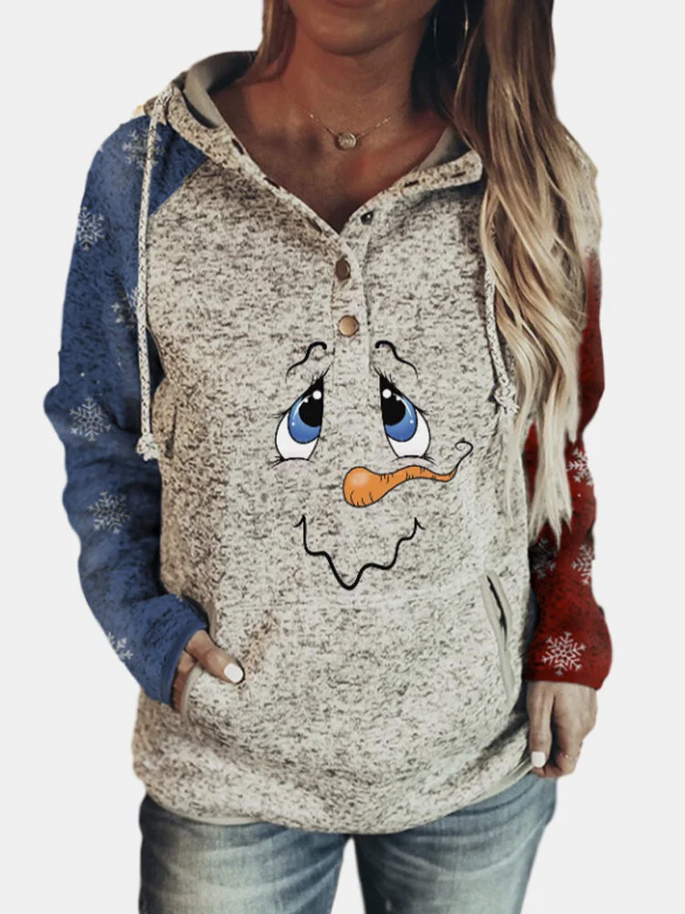 Christmas Cartoon Printed Drawstring Long Sleeve Hoodie With Pocket