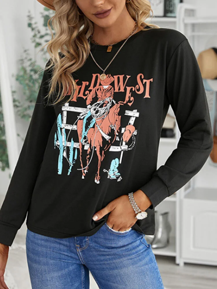 Cartoon Print Long Sleeve O-neck Sweatshirt For Women