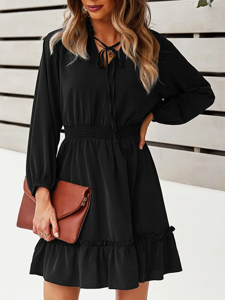 Solid Elastic Waist Ruffle Tie Front Long Sleeve Casual Dress