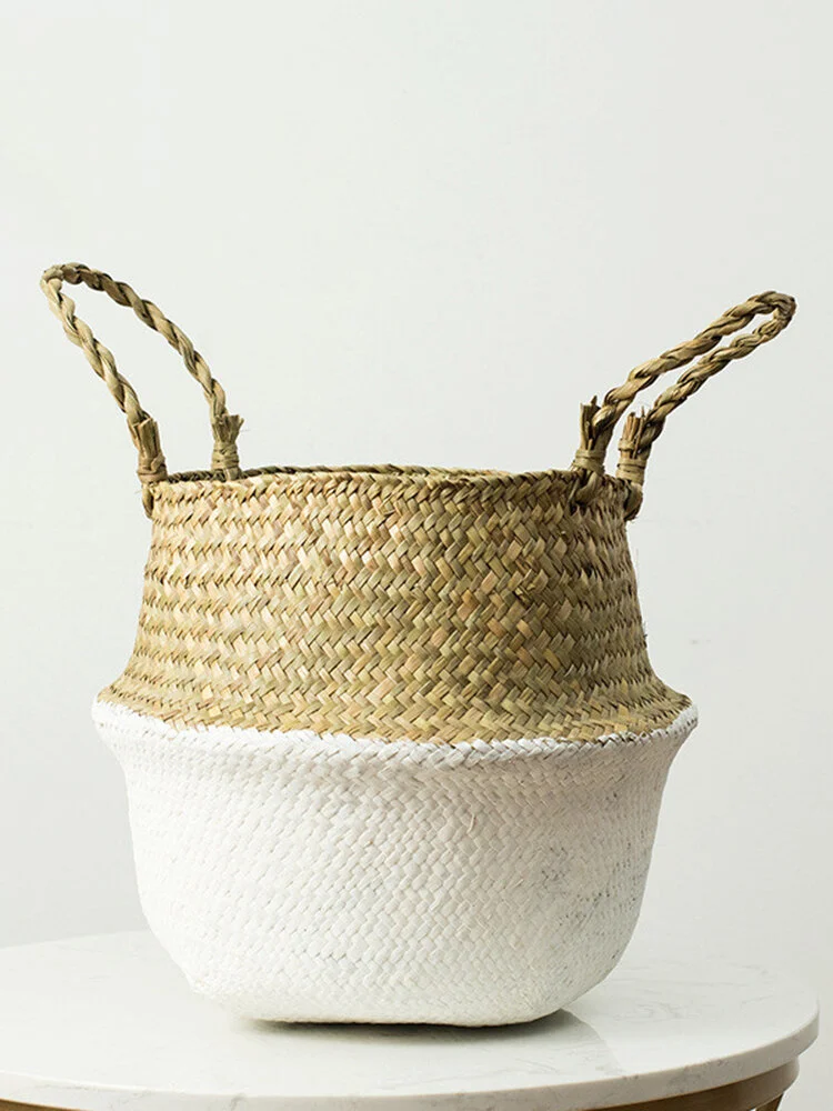 Household Foldable Natural Seagrass Woven Storage Pot Garden Flower Vase Hanging Basket With Handle