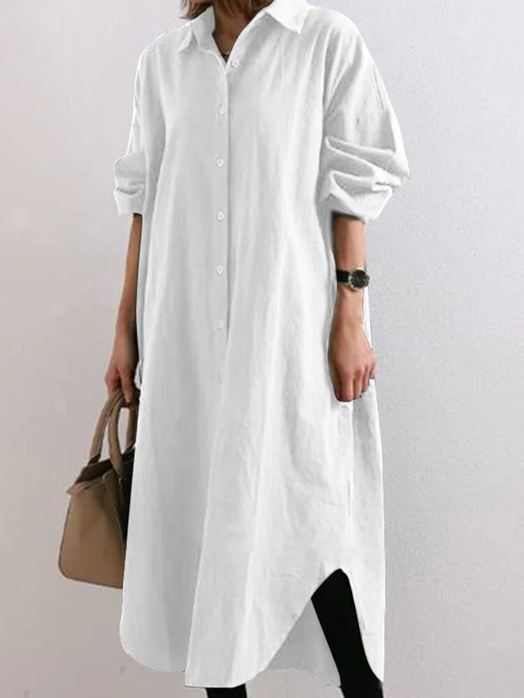 Solid Puff Long Sleeves Lapel Button Down Shirt Dress