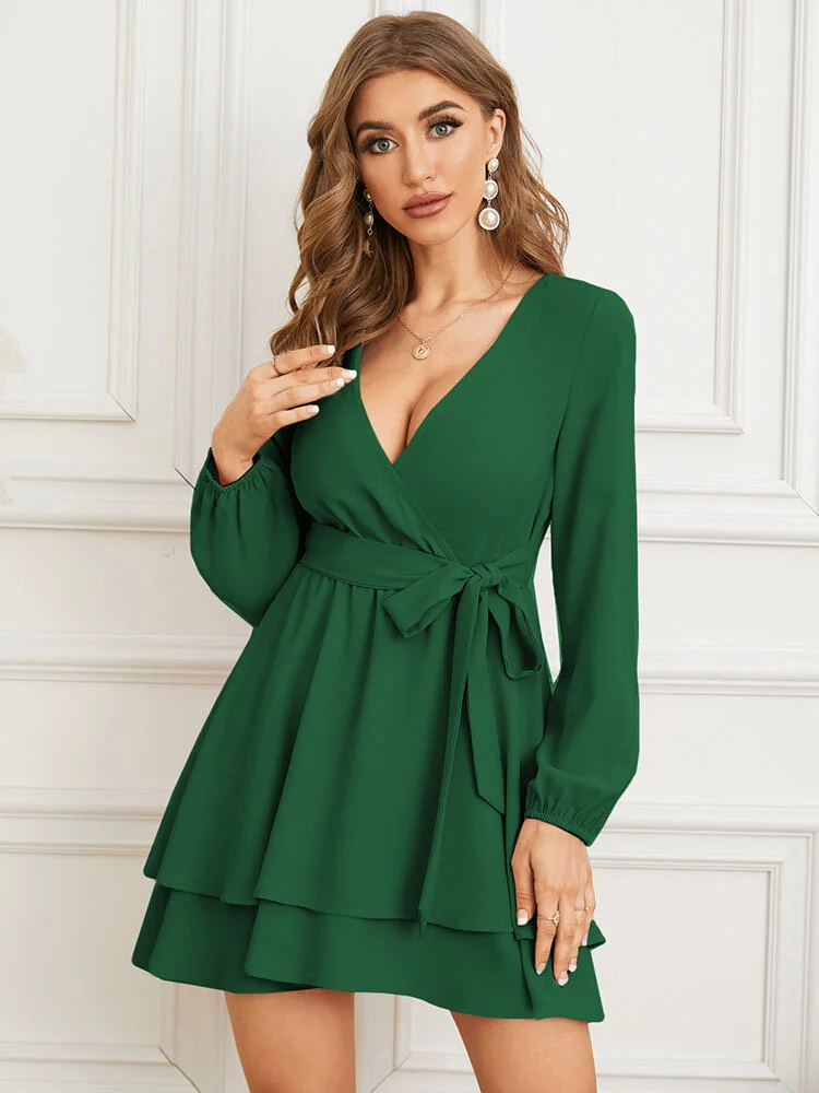 Solid Layered Belt Cross Front V-neck Long Sleeve Dress