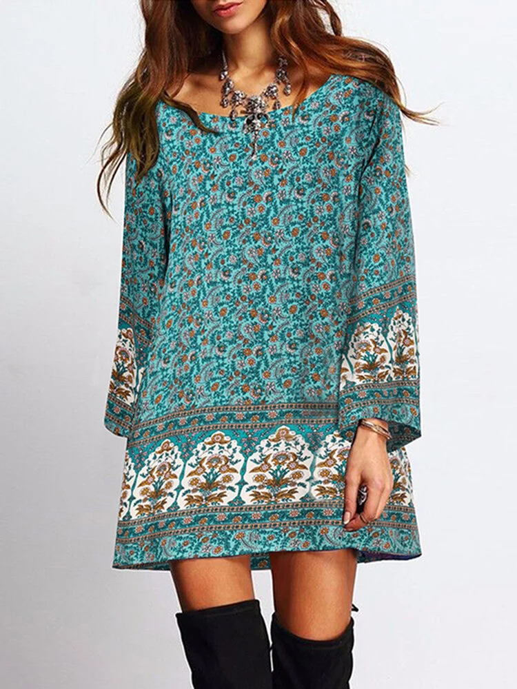 Floral Print Bohemian Long Sleeve Crew Neck Dress For Women