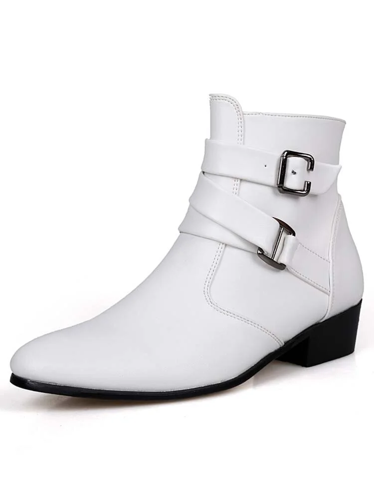 Men PU Non Slip Pointed Toe Side Zipper Buckle Casual Boots