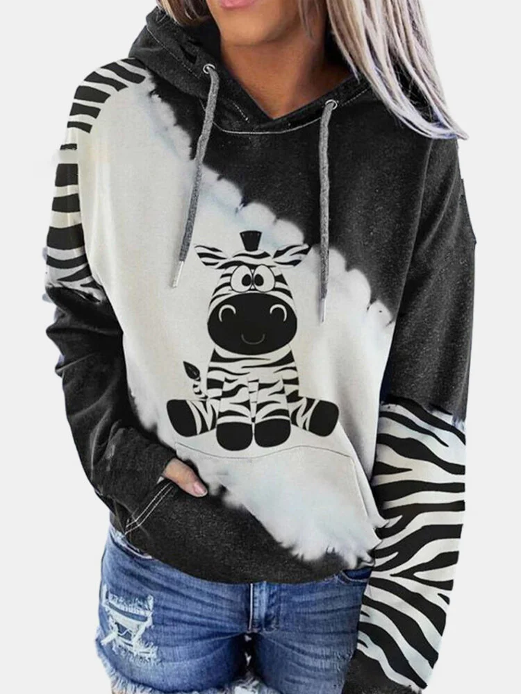 Cow Print Pocket Long Sleeve Casual Hoodie For Women