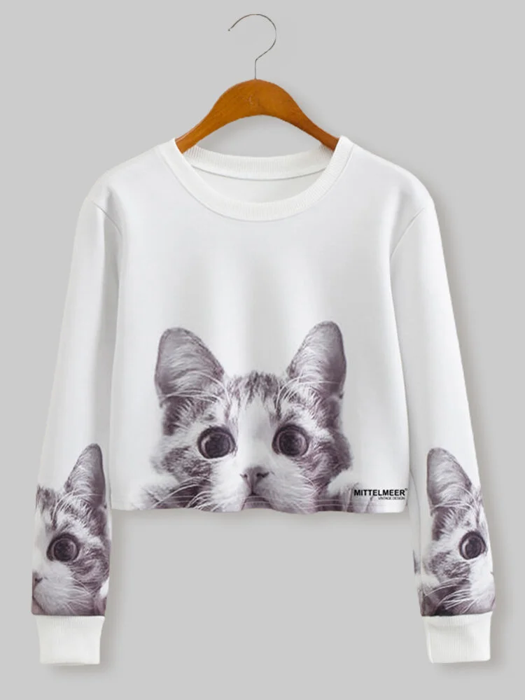 Cute Cat Print Long Sleeves O-neck Casual Short Sweatshirt