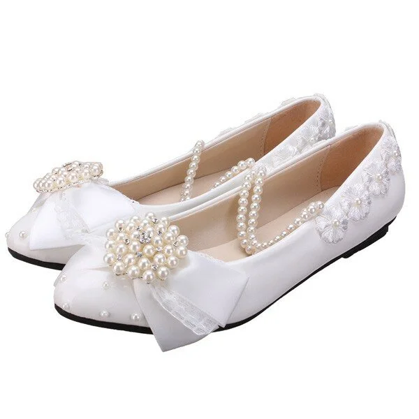 Wihte Floral Bead Lace Slip On Low Heel Wedding Pumps