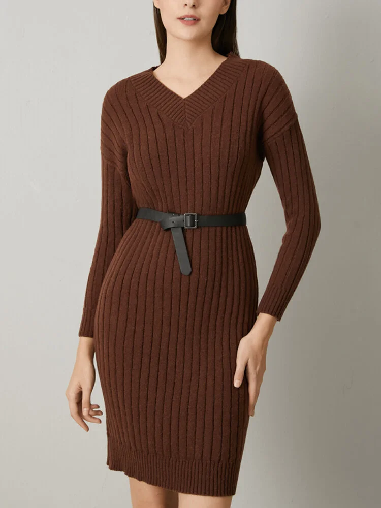 Solid Color Ribbed Knit V-neck Bodycon Women Casual Dress