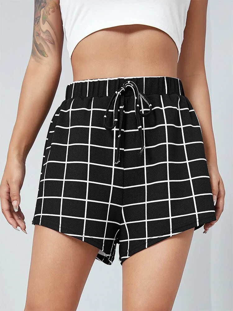 Plaid Print Drawstring High Waist Casual Home Shorts