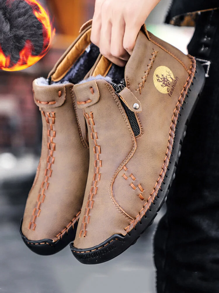 Men Hand Stitching Microfiber Leather Warm Lined Zipper Ankle Boots