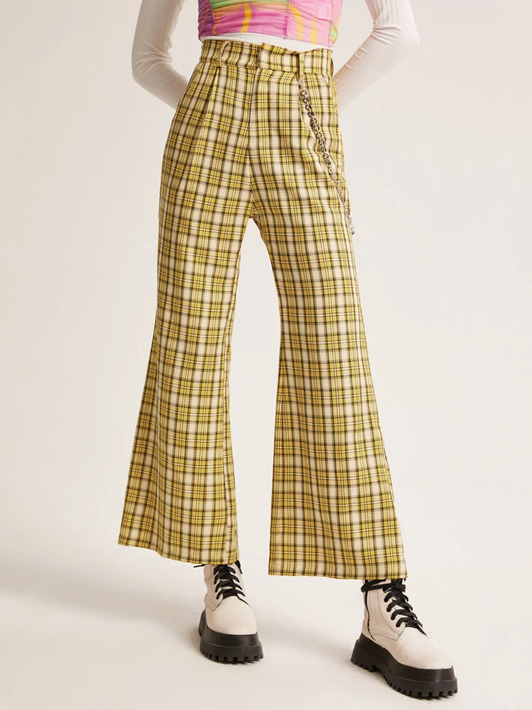 Check Print Pocket Chain Casual Loose Flare Pants