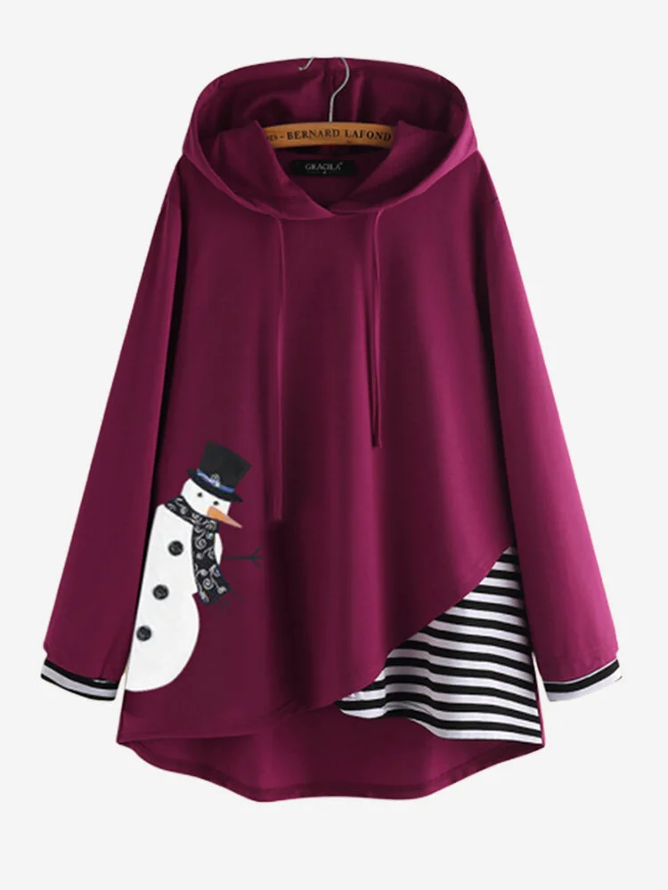 Cartoon Snowman Print Stripe Patchwork Long Sleeve Hoodie