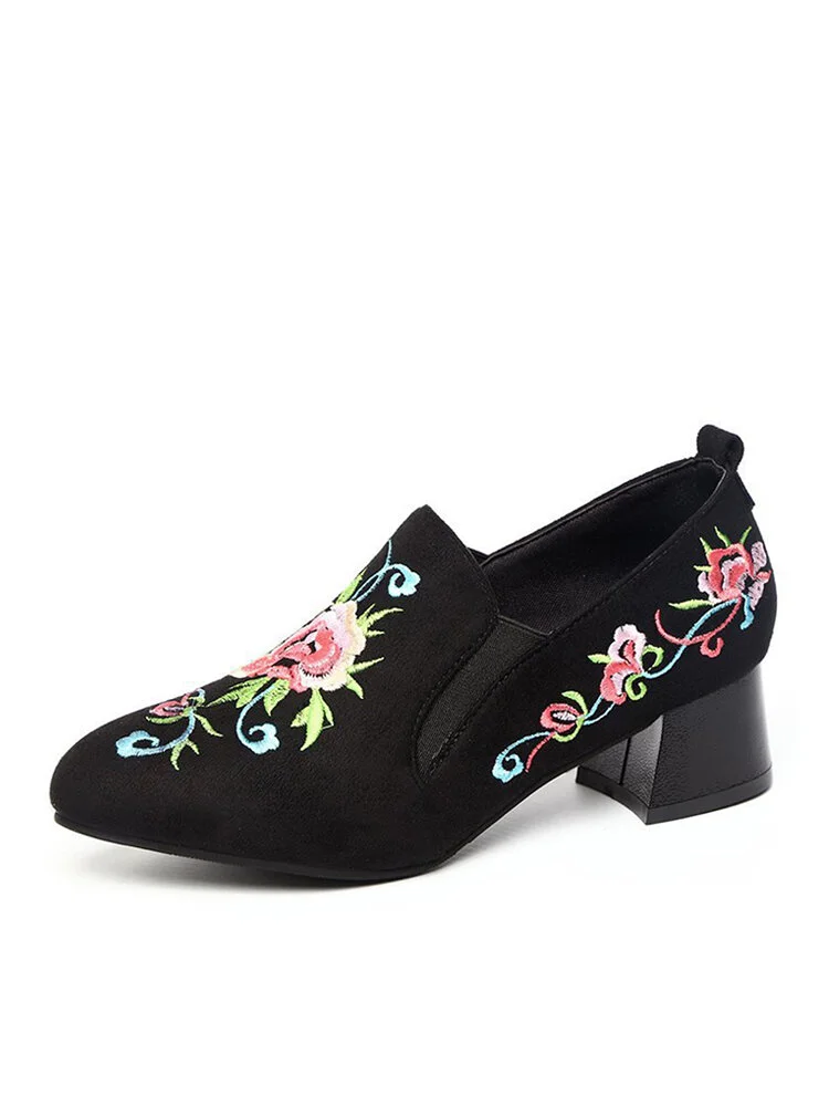 Women Floral Embroidered Almond Toe Elastic Slip-On Low-heeled Loafers Shoes