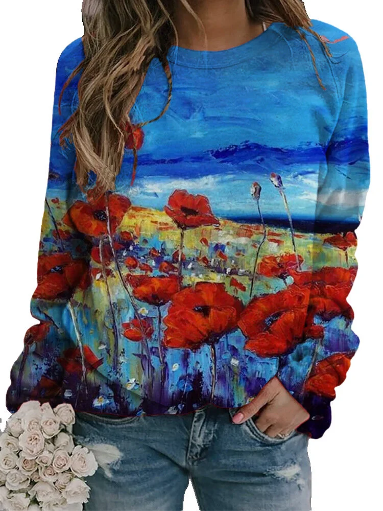 Landscape Printed Long Sleeve O-neck Sweatshirt For Women