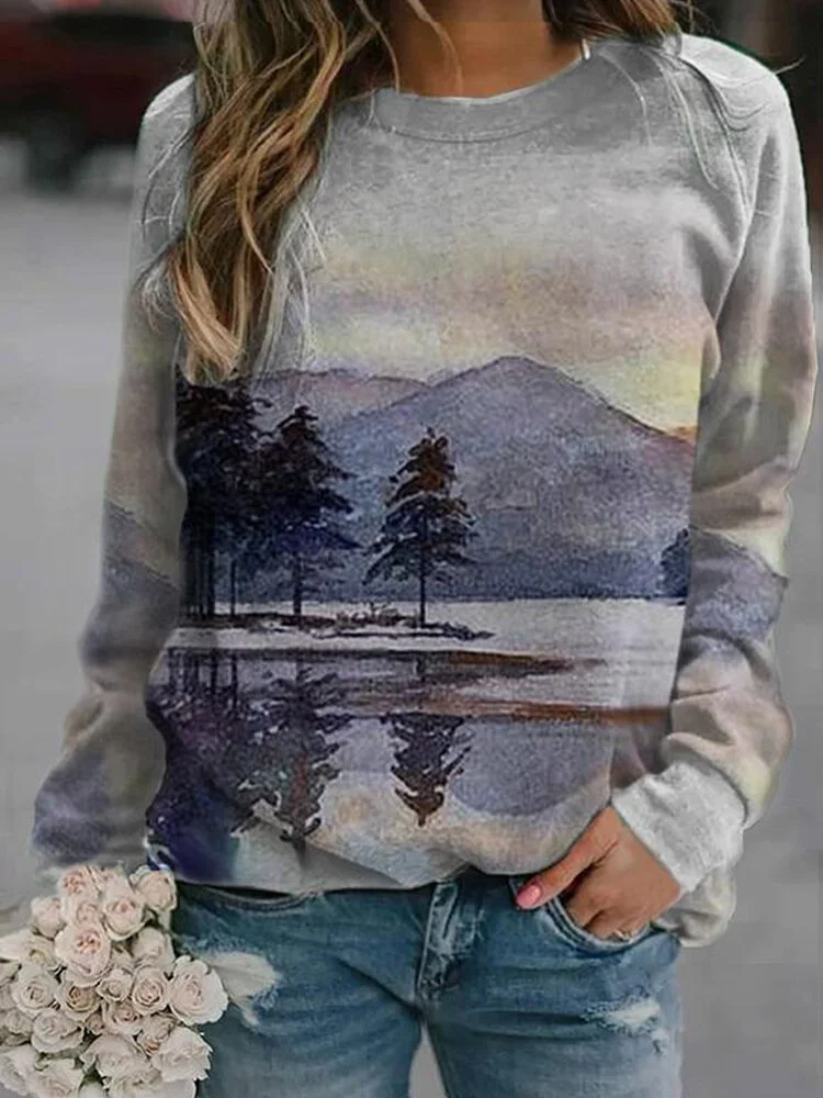 Landscape Print Crew Neck Long Sleeve Sweatshirt For Women