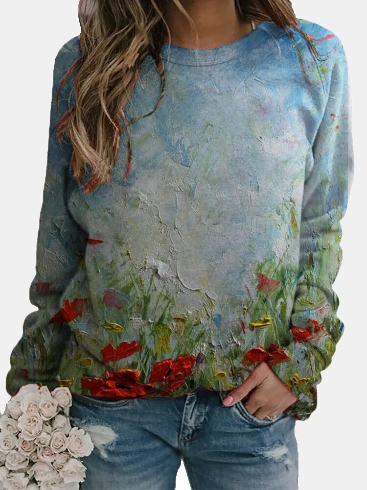 Vintage Calico Print O-neck Long Sleeve Sweatshirt