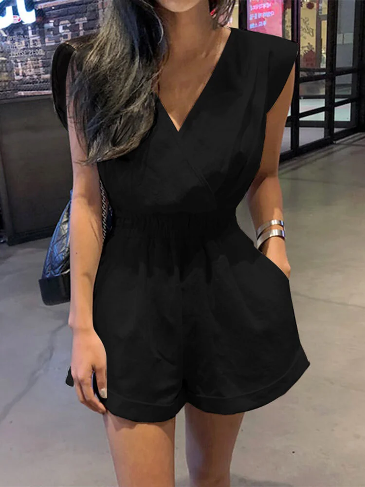 Solid Color Knotted Pocket High Waist V-Neck Sleeveless Romper