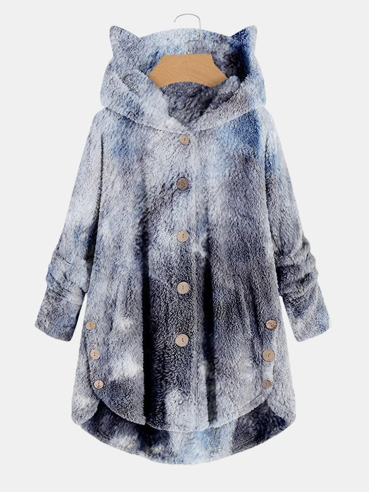 Tie-dyed Print Long Sleeves Pockets Button Casual Hoodies For Women