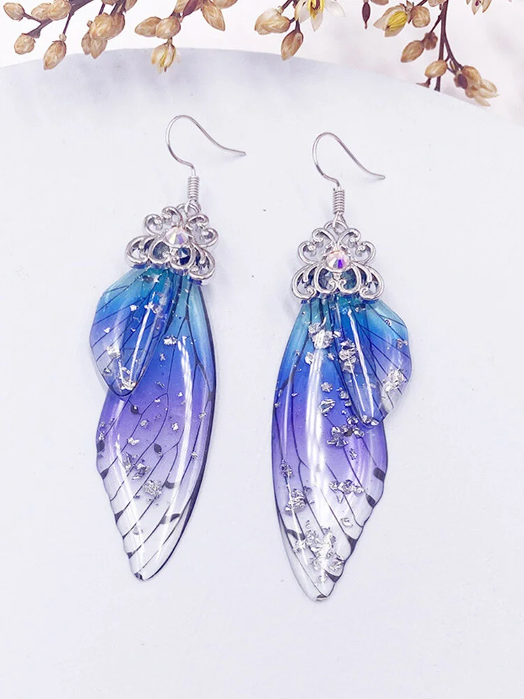 Vintage S925 Sterling Silver Butterfly Long Cicada Wings Gradient Earrings