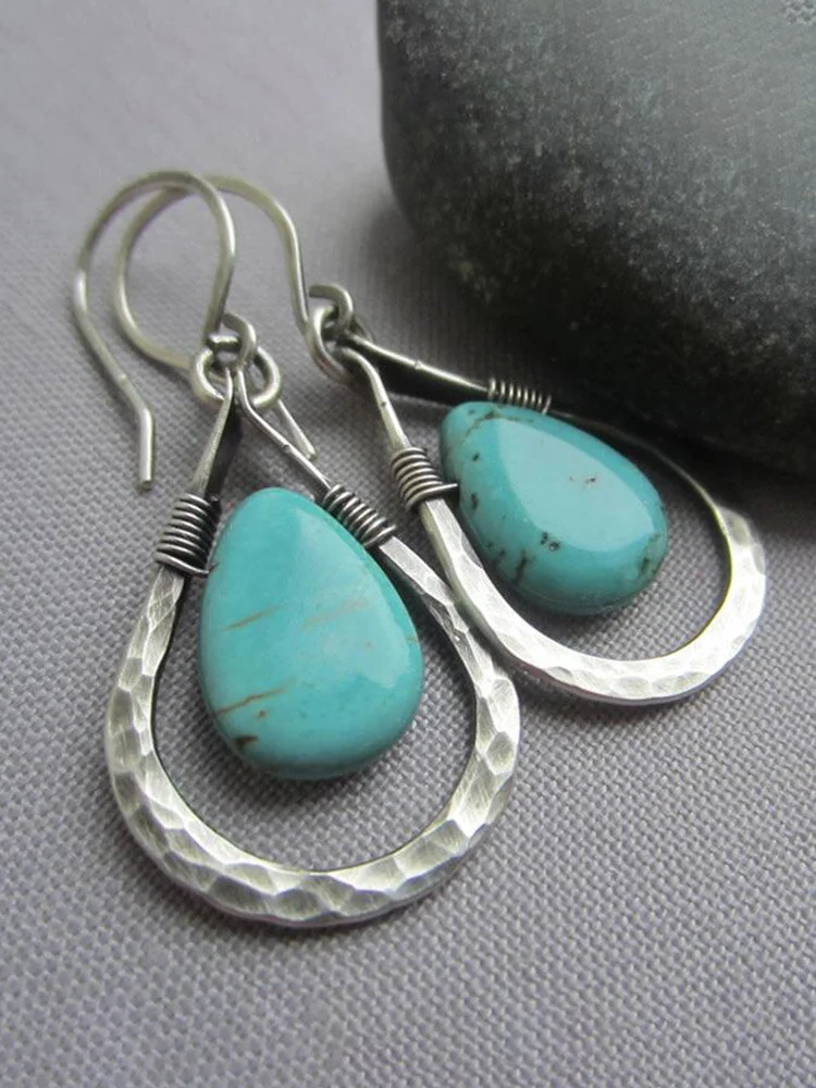 Vintage Plated 925 Silver Turquoise Water Drop Earrings Handmade Metal Wire Turquoise Earrings