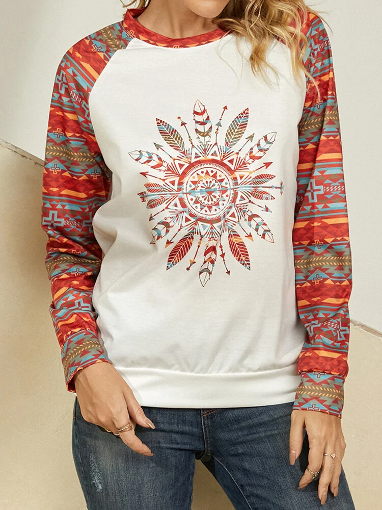 Tribal Pattern Raglan Sleeve O-neck Sweatshirt For Women